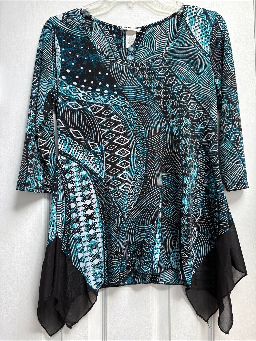 Vintage Brittany Black Teal Geometric Handkerchief Hem Tunic Women's Top Size PS